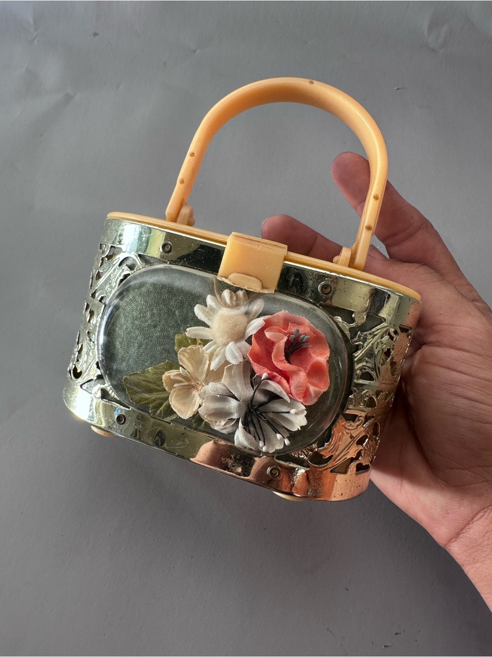 Vintage music box Gold Floral Top-Handle Bag in Peach and Cream